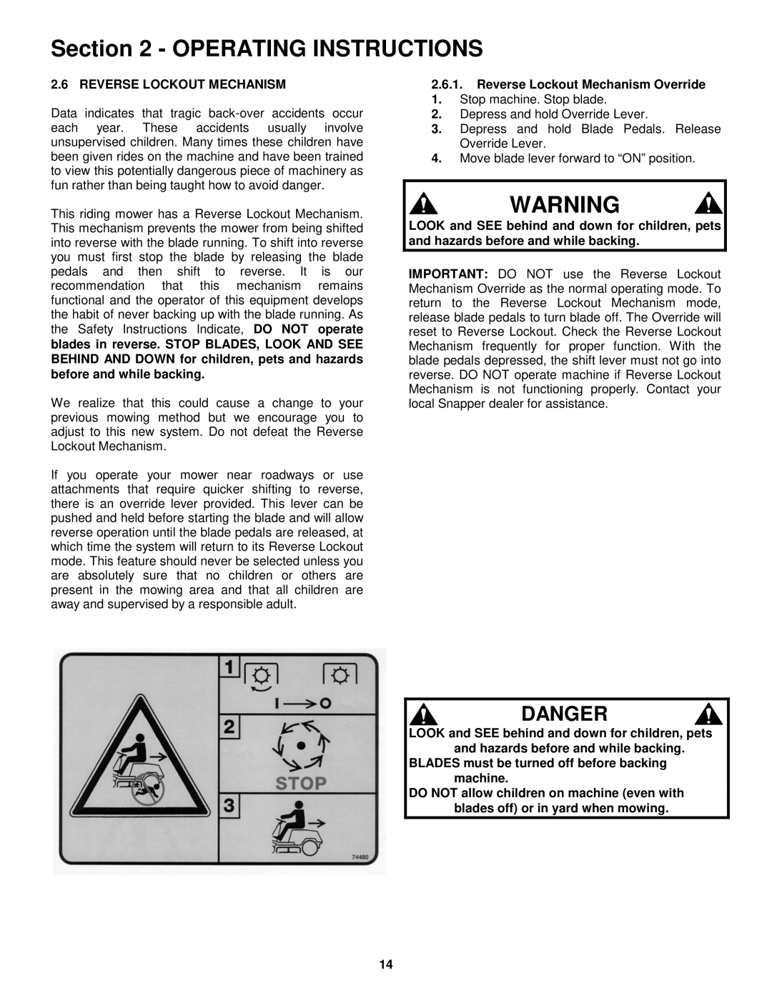 Snapper E281123BVE, E281323BVE, E331523KVE important safety instructions Reverse Lockout Mechanism Override 