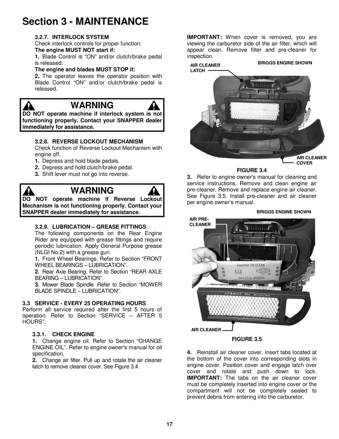 Snapper E281123BVE, E281323BVE, E331523KVE Interlock System, Lubrication Grease Fittings, Check Engine 