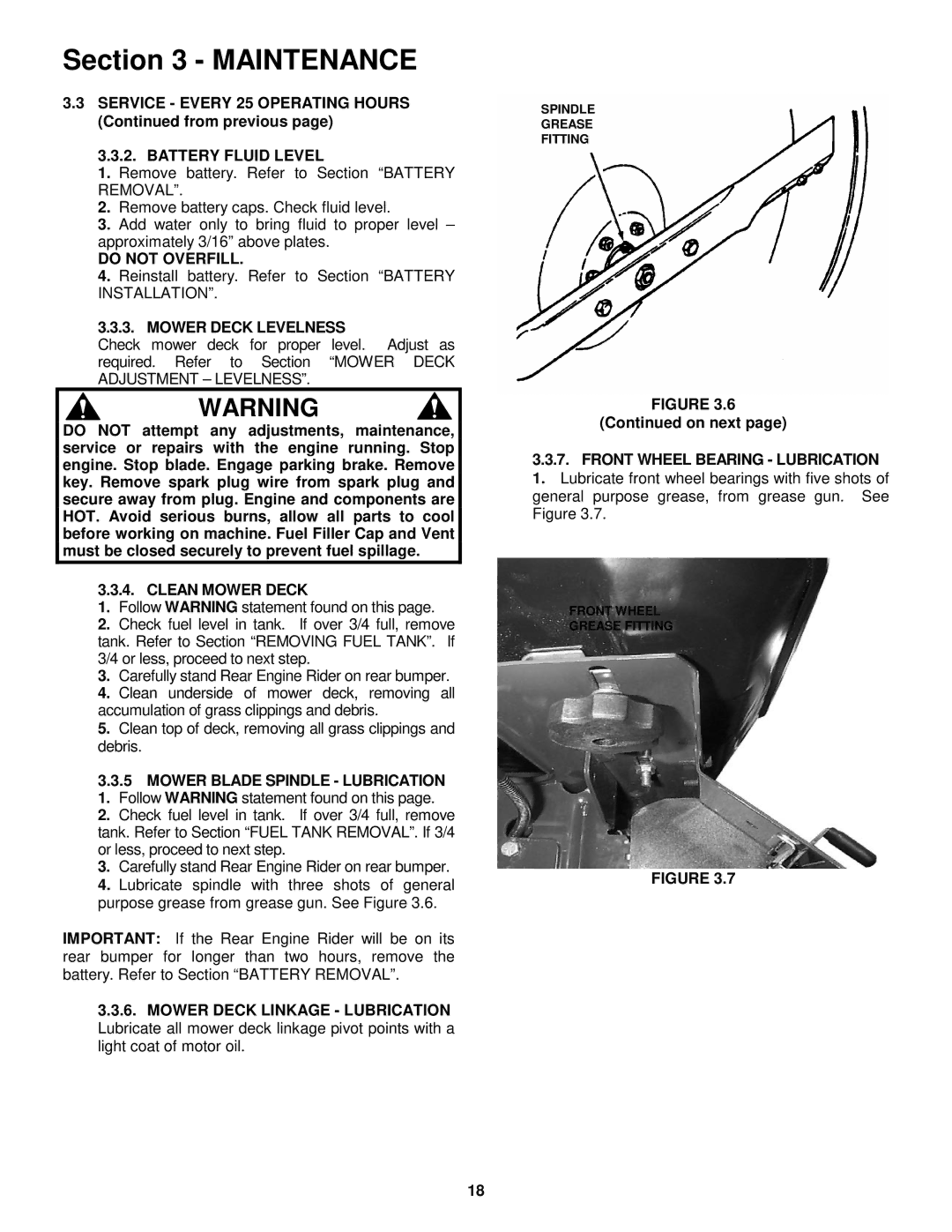 Snapper E281123BVE, E281323BVE, E331523KVE Battery Fluid Level, Do not Overfill, Mower Deck Levelness, Clean Mower Deck 