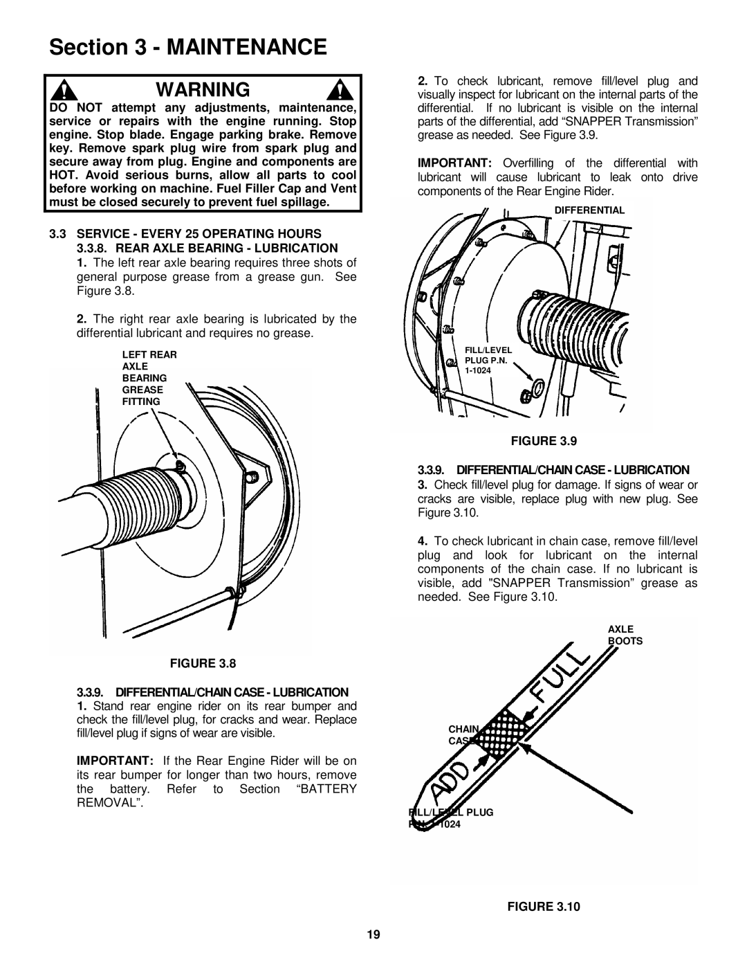 Snapper E281123BVE, E281323BVE, E331523KVE important safety instructions Left Rear Axle Bearing Grease Fitting 