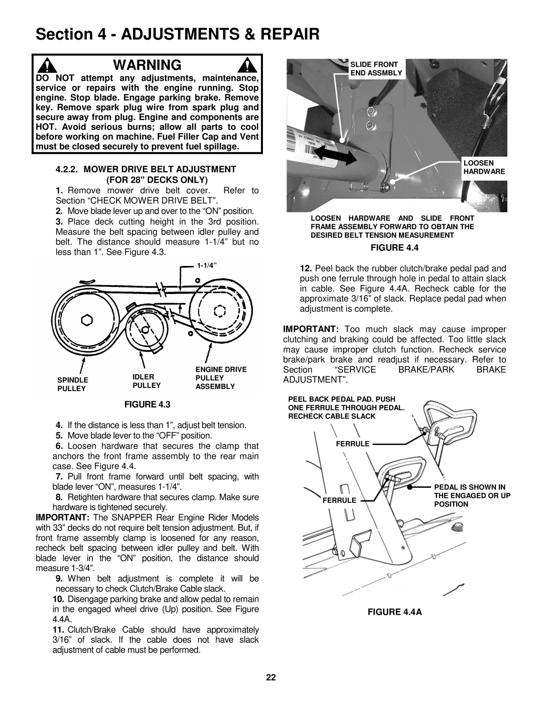 Snapper E281123BVE, E281323BVE, E331523KVE important safety instructions Mower Drive Belt Adjustment for 28 Decks only 