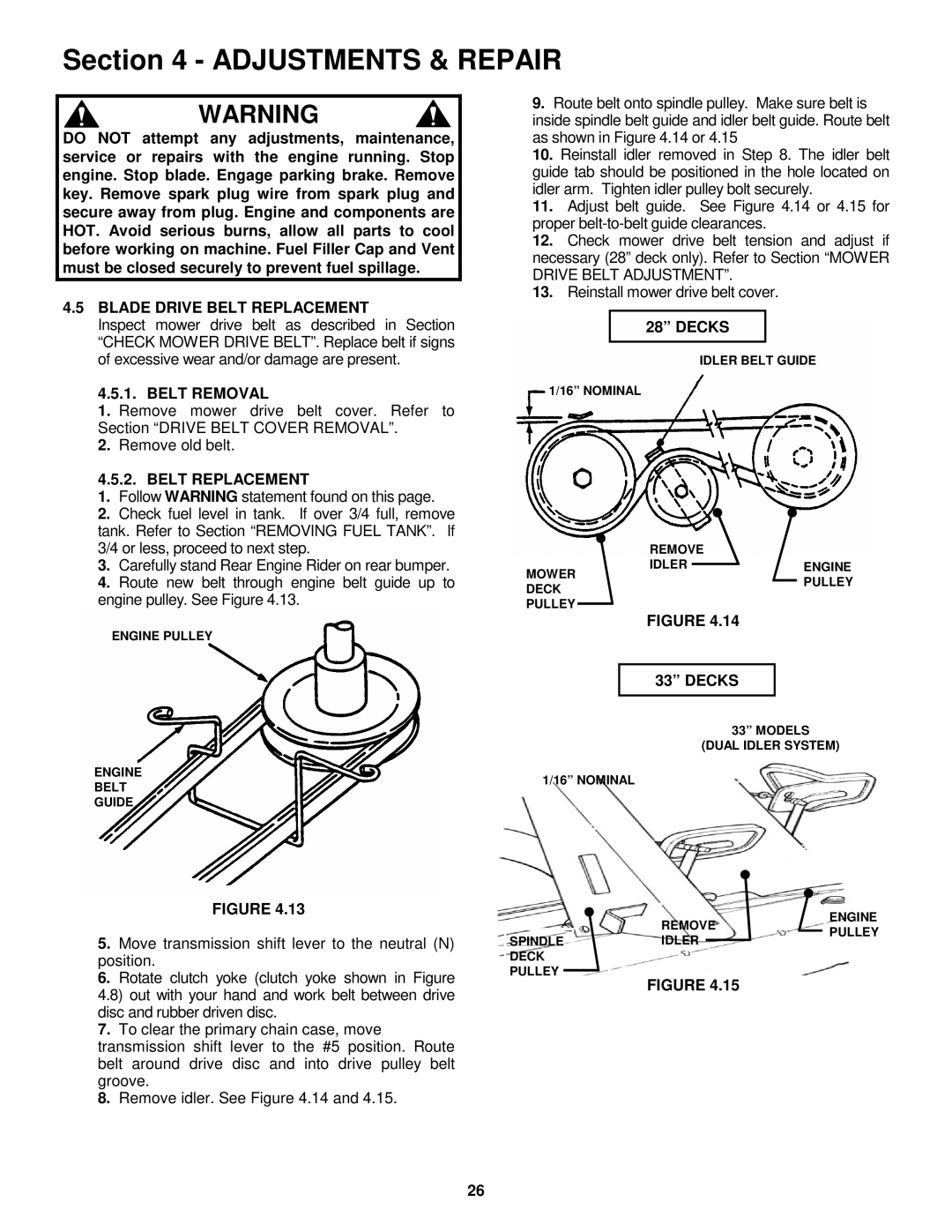 Snapper E281123BVE, E281323BVE, E331523KVE important safety instructions Blade Drive Belt Replacement, Belt Removal, Decks 