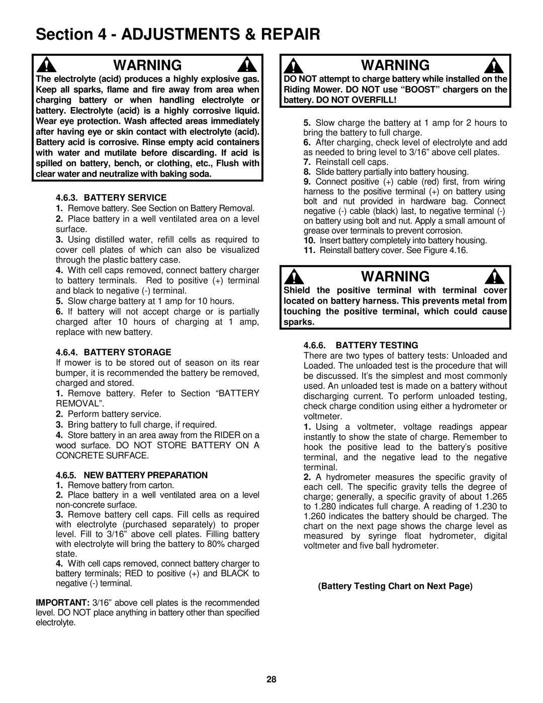 Snapper E281123BVE, E281323BVE, E331523KVE important safety instructions Battery Service, Battery Storage, Battery Testing 