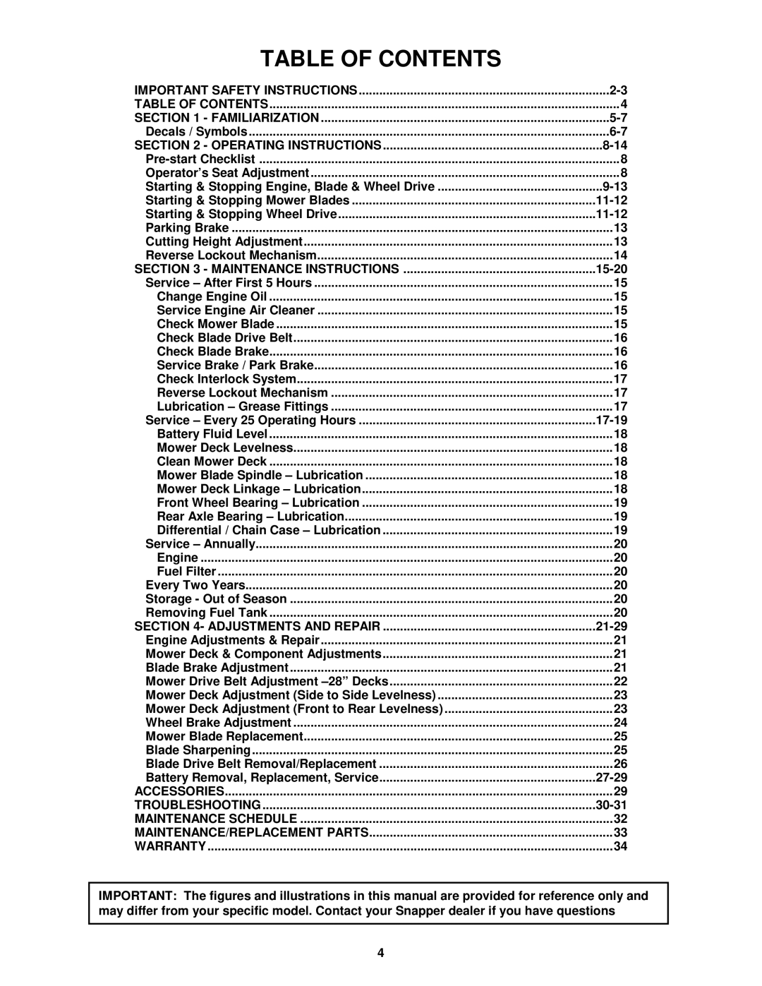 Snapper E281123BVE, E281323BVE, E331523KVE important safety instructions Table of Contents 