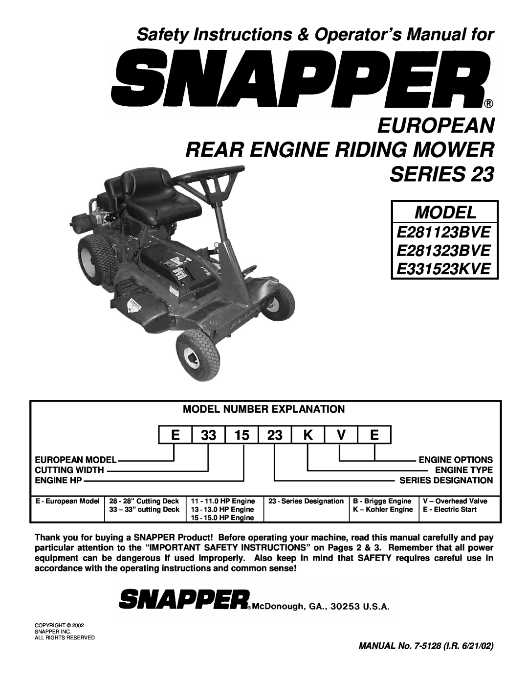 Snapper E281123BVE, E281323BVE, E331523KVE important safety instructions European Rear Engine Riding Mower Series, Model 