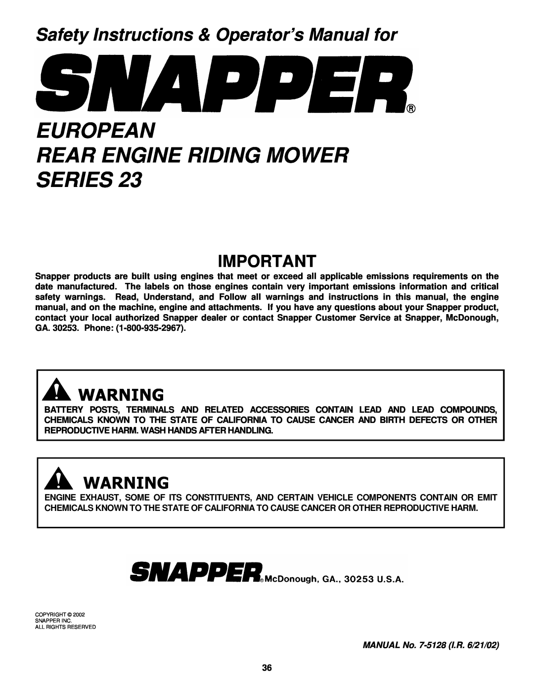 Snapper E281123BVE, E281323BVE, E331523KVE European Rear Engine Riding Mower Series, MANUAL No. 7-5128I.R. 6/21/02 