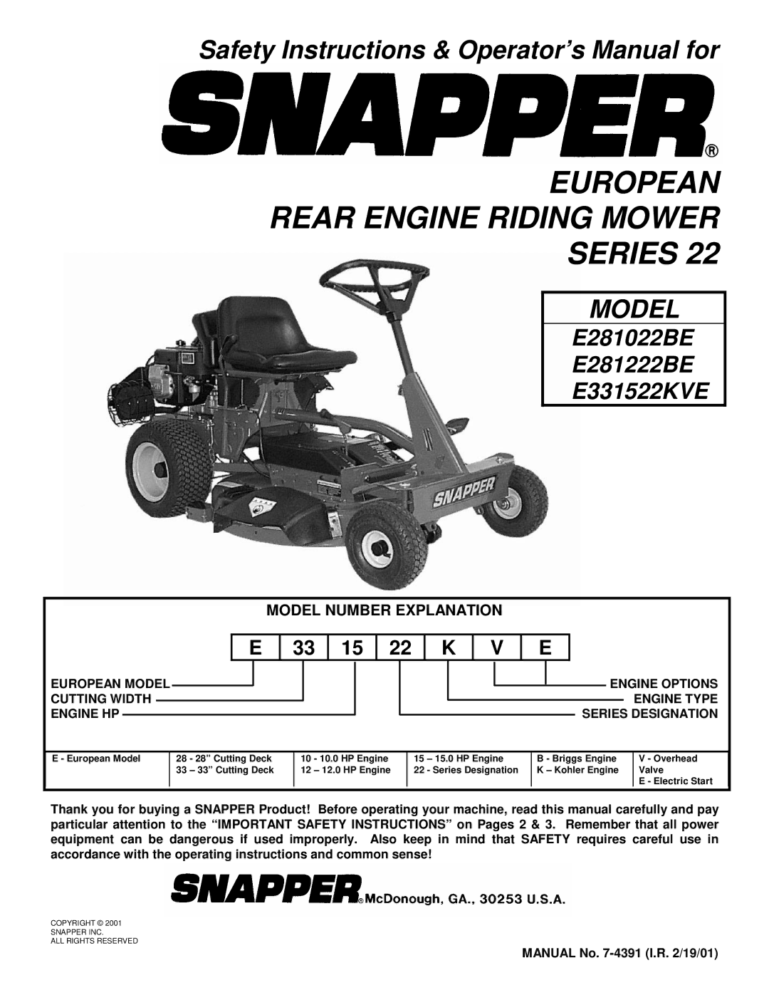 Snapper E331522KVE, E281022BE, E281222BE important safety instructions European Rear Engine Riding Mower Series 