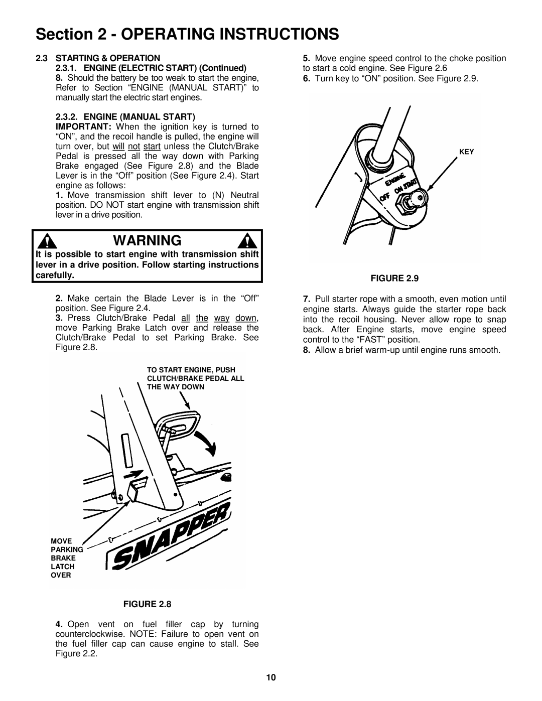 Snapper E331522KVE, E281022BE, E281222BE Starting & Operation, Engine Electric Start, Engine Manual Start 