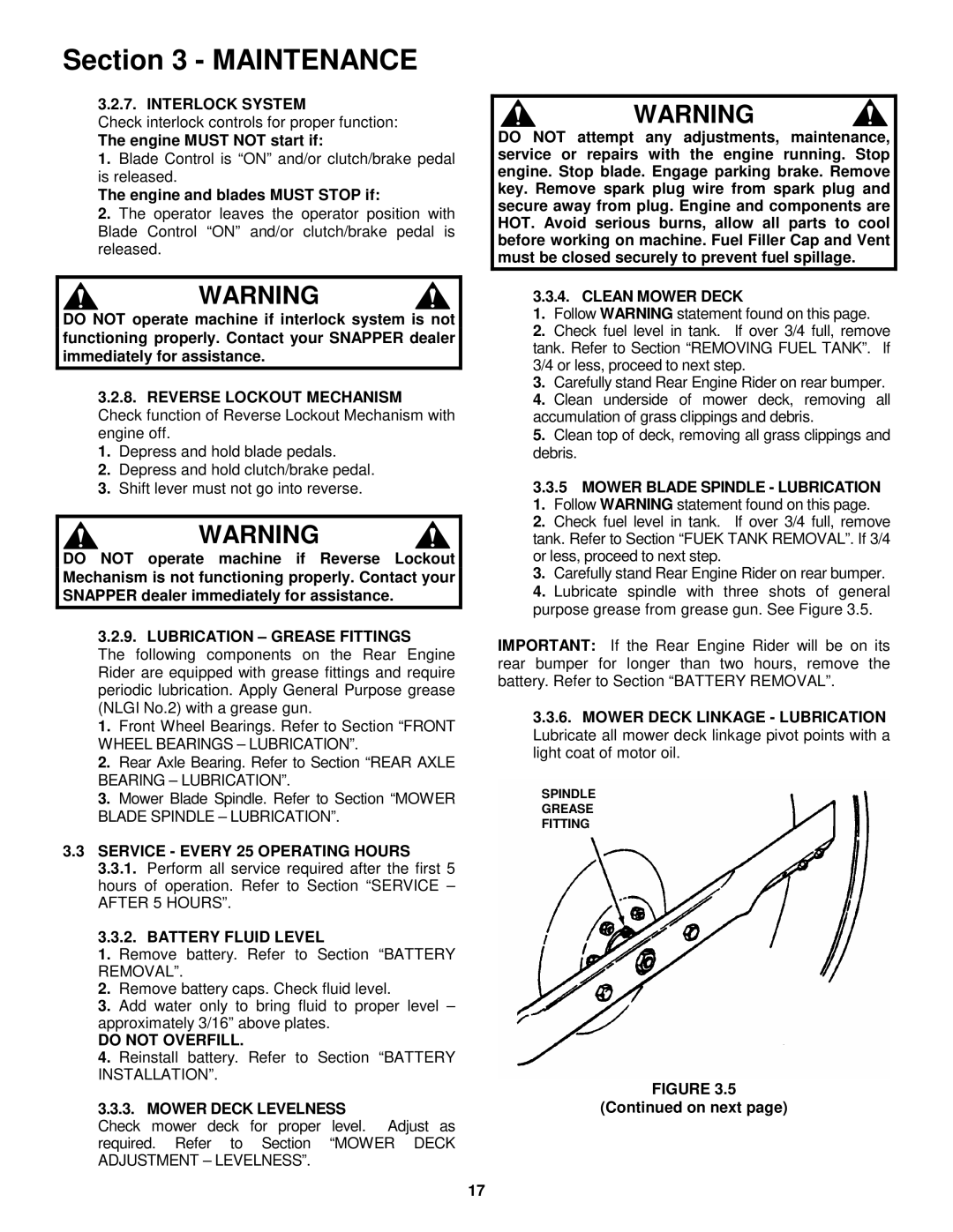 Snapper E281022BE, E281222BE, E331522KVE Interlock System, Lubrication Grease Fittings, Service Every 25 Operating Hours 