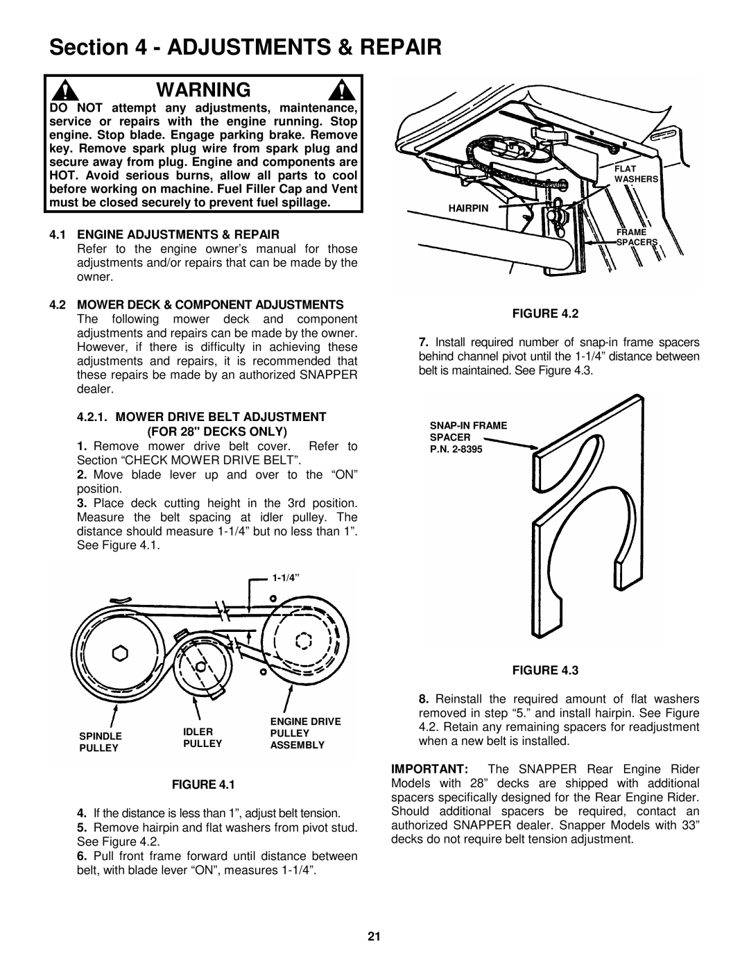 Snapper E281222BE, E281022BE, E331522KVE Engine Adjustments & Repair, Mower Drive Belt Adjustment for 28 Decks only 