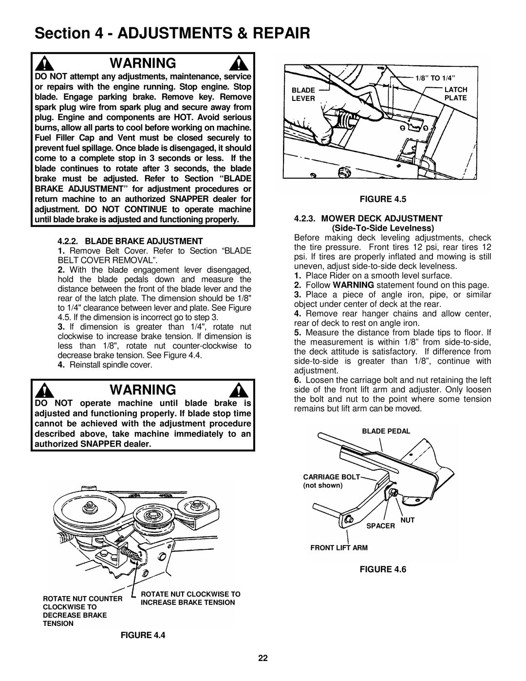 Snapper E331522KVE, E281022BE, E281222BE Blade Brake Adjustment, Mower Deck Adjustment Side-To-Side Levelness 