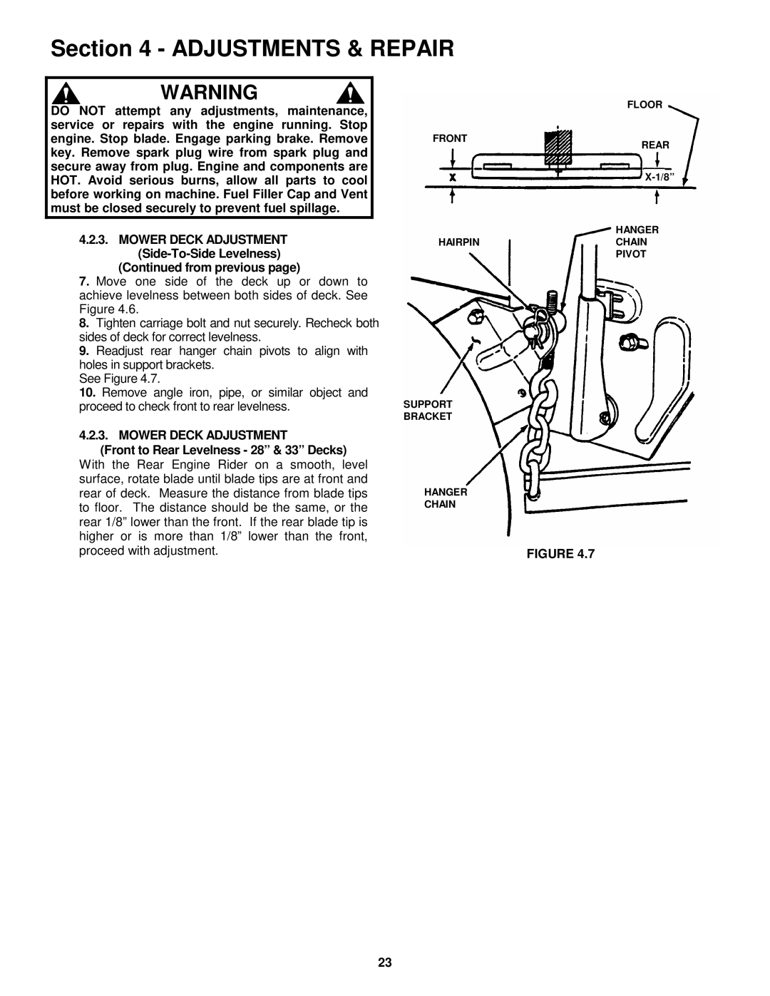 Snapper E281022BE, E281222BE, E331522KVE Mower Deck Adjustment, Front to Rear Levelness 28 & 33 Decks 