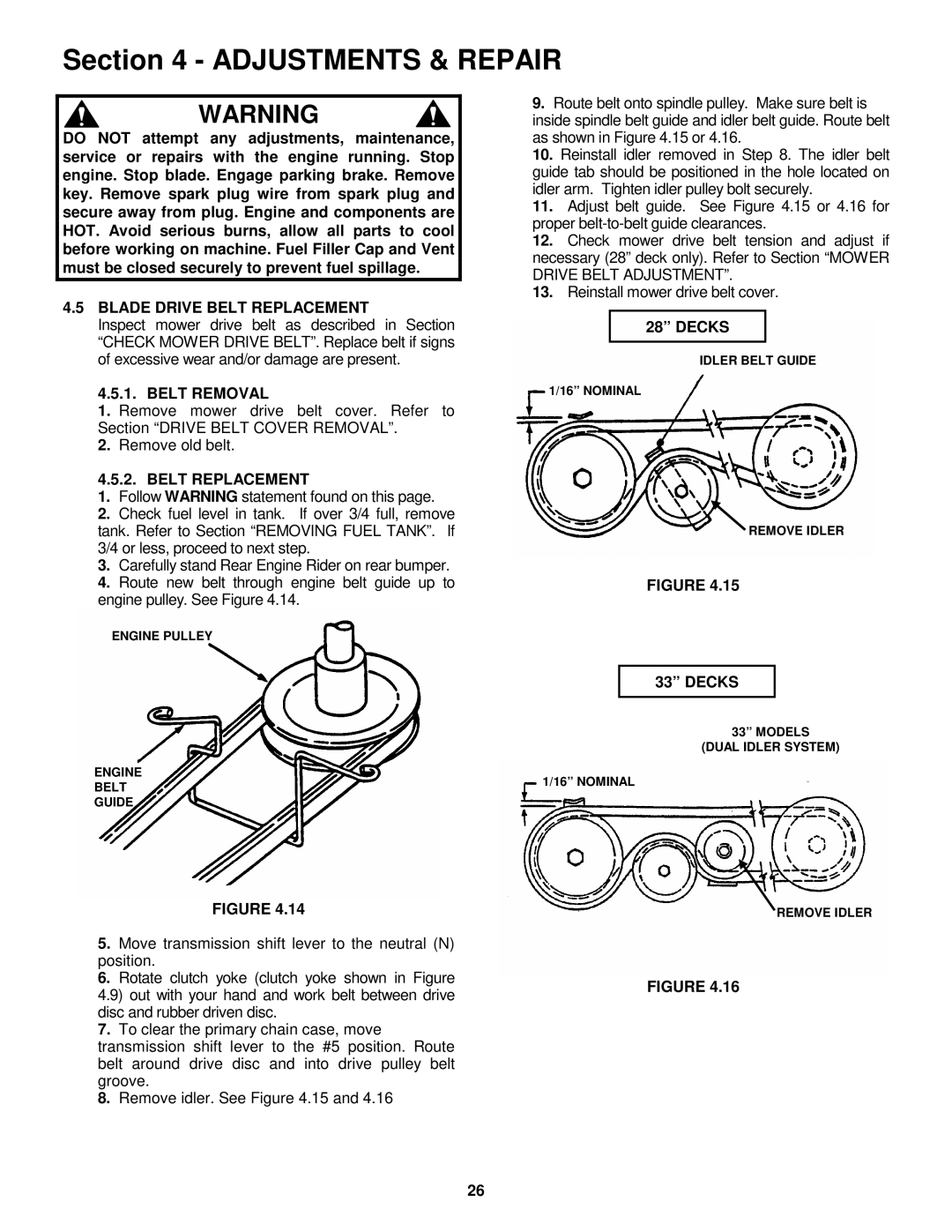 Snapper E281022BE, E281222BE, E331522KVE important safety instructions Blade Drive Belt Replacement, Belt Removal, Decks 