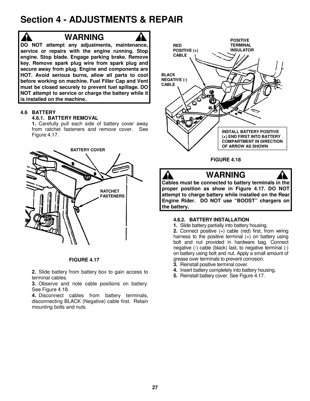 Snapper E281222BE, E281022BE, E331522KVE, E331522KVE, E281022BE, E281222BE Battery Battery Removal, Battery Installation 