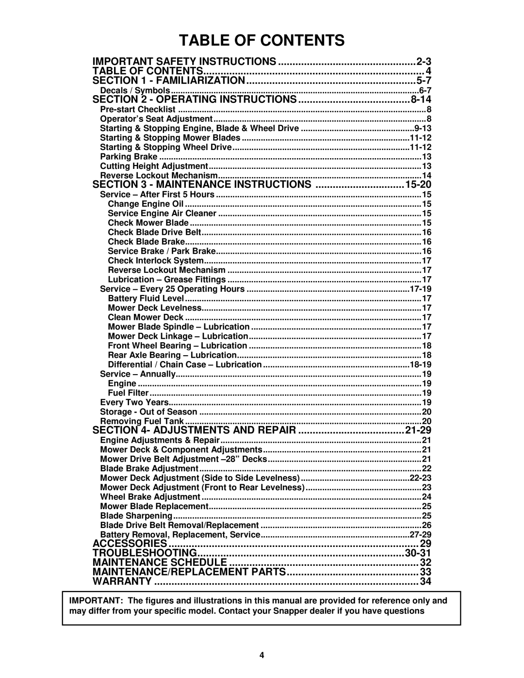 Snapper E331522KVE, E281022BE, E281222BE, E281222BE, E281022BE, E331522KVE important safety instructions Table of Contents 