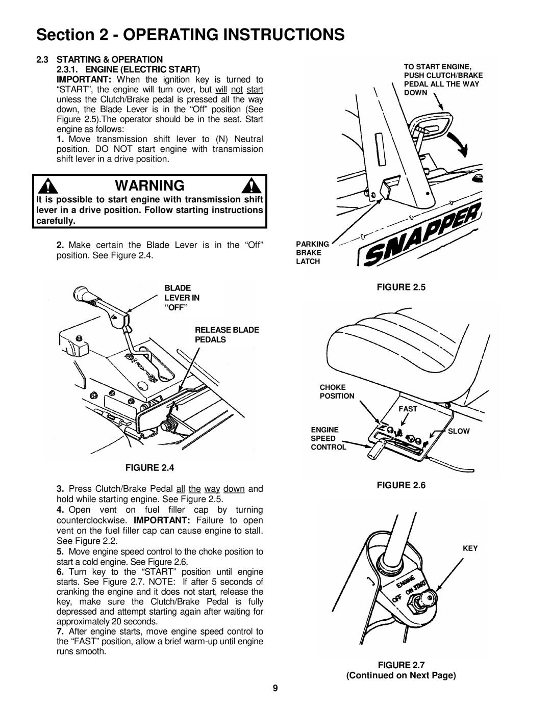 Snapper E281222BE, E281022BE, E331522KVE important safety instructions Starting & Operation Engine Electric Start, On Next 