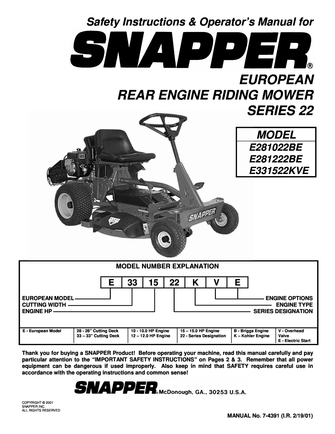 Snapper E331522KVE, E281022BE, E281222BE important safety instructions Safety Instructions & Operator’s Manual for, Model 
