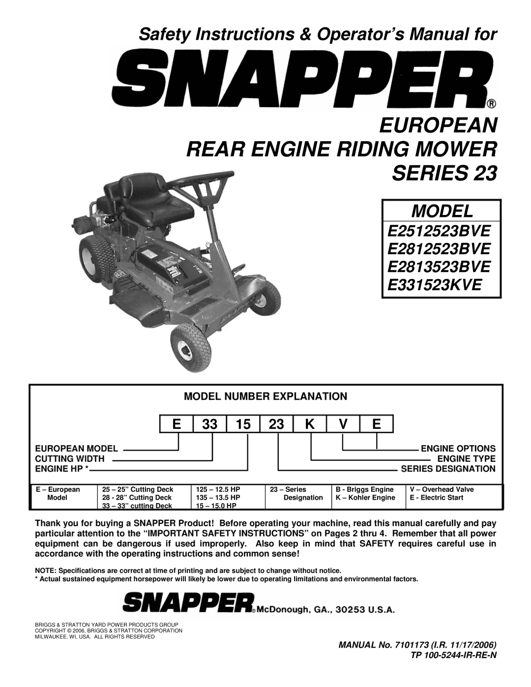 Snapper E331523KVE, E2512523BVE, E2812523BVE, E2813523BVE important safety instructions 