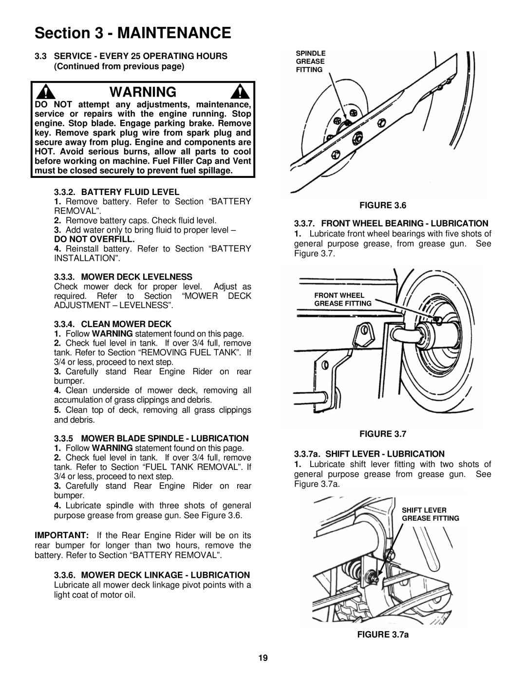 Snapper E331523KVE, E2512523BVE, E2812523BVE, E2813523BVE Battery Fluid Level, Do not Overfill, Mower Deck Levelness 