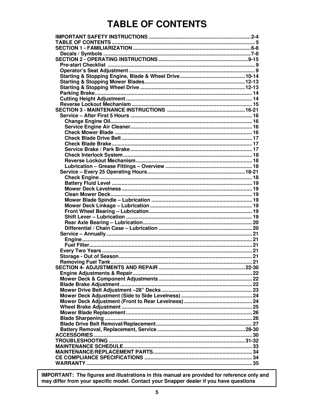 Snapper E2813523BVE, E2512523BVE, E2812523BVE, E331523KVE important safety instructions Table of Contents 