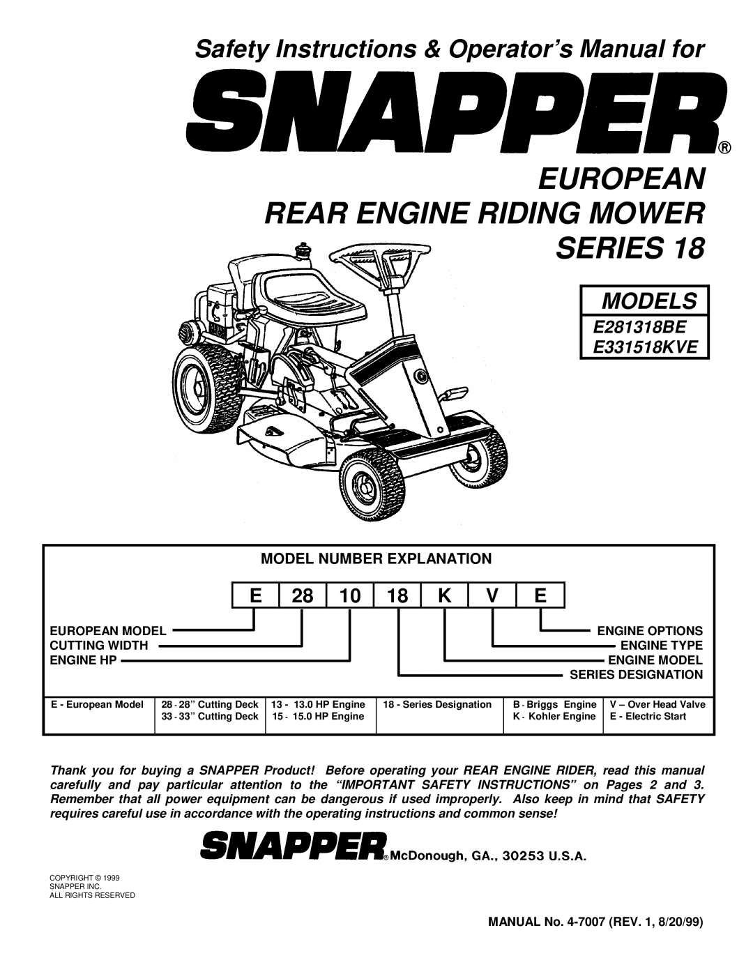 Snapper E281318BE, E331518KVE important safety instructions European Rear Engine Riding Mower Series 