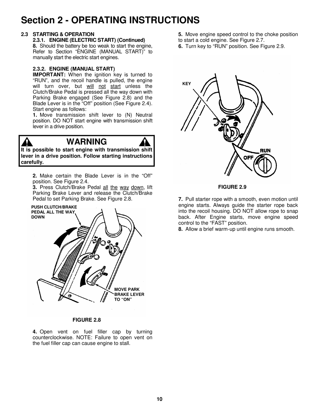 Snapper E281318BE, E331518KVE Starting & Operation, Engine Electric Start, Engine Manual Start 