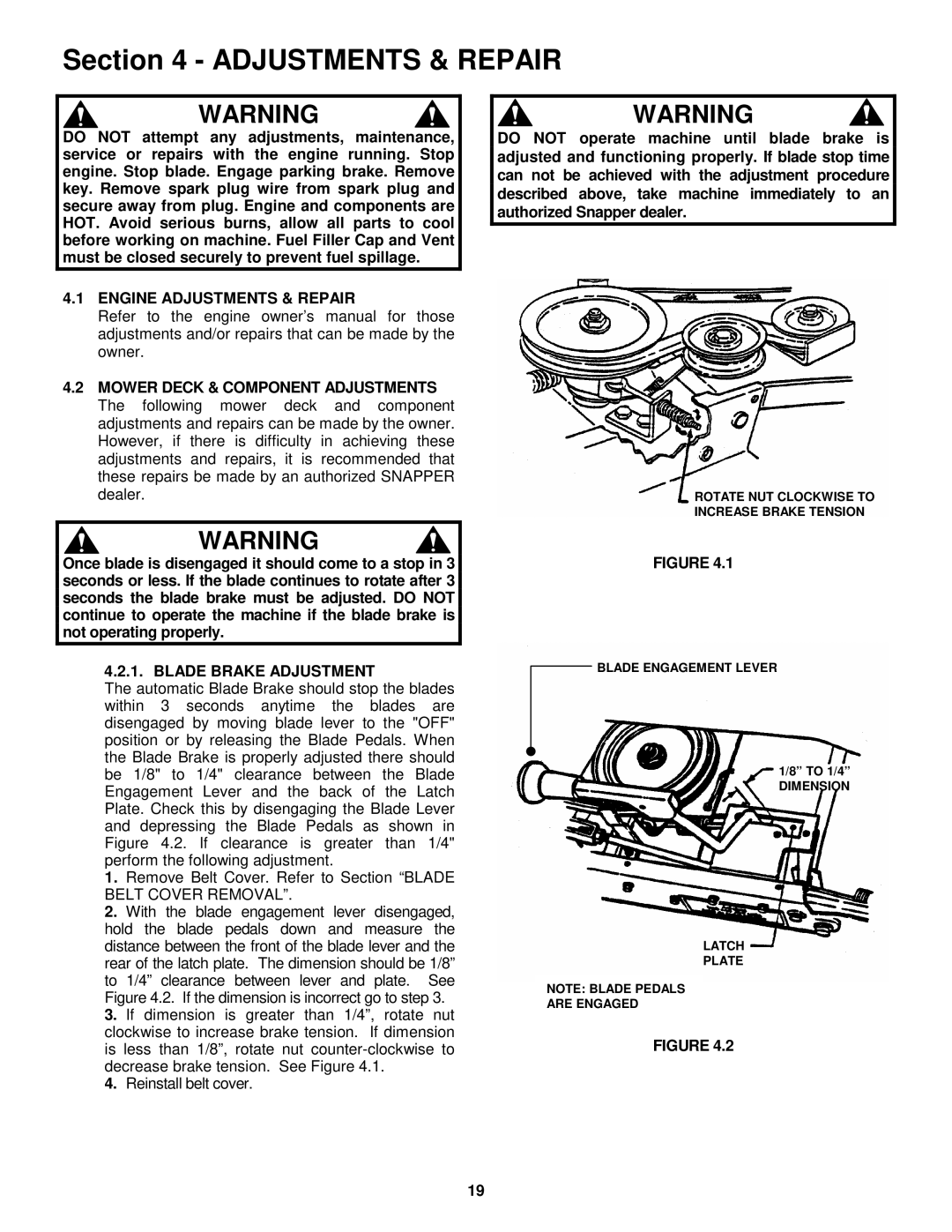 Snapper E281318BE, E331518KVE important safety instructions Engine Adjustments & Repair, Blade Brake Adjustment 