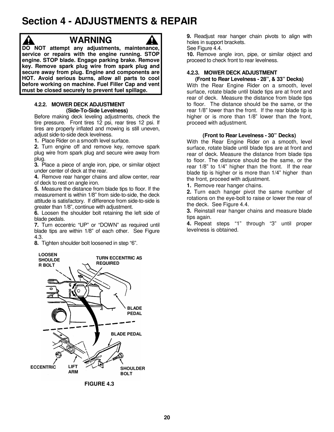 Snapper E281318BE, E331518KVE important safety instructions Mower Deck Adjustment, Front to Rear Levelness 28, & 33 Decks 