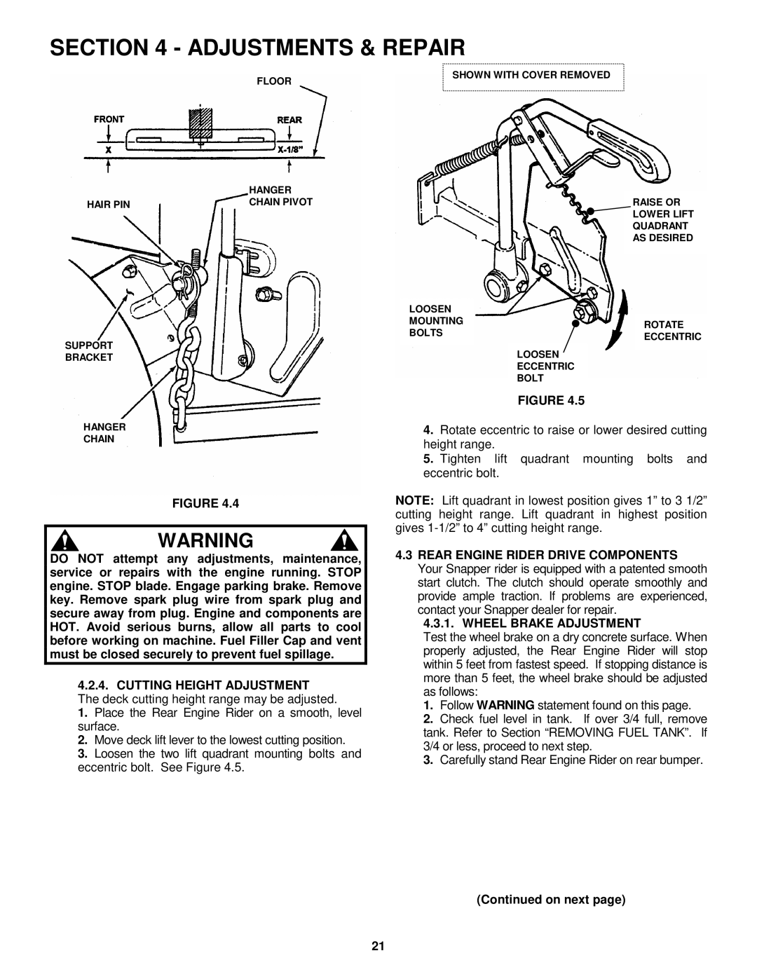 Snapper E281318BE, E331518KVE important safety instructions Adjustments & Repair, Wheel Brake Adjustment 