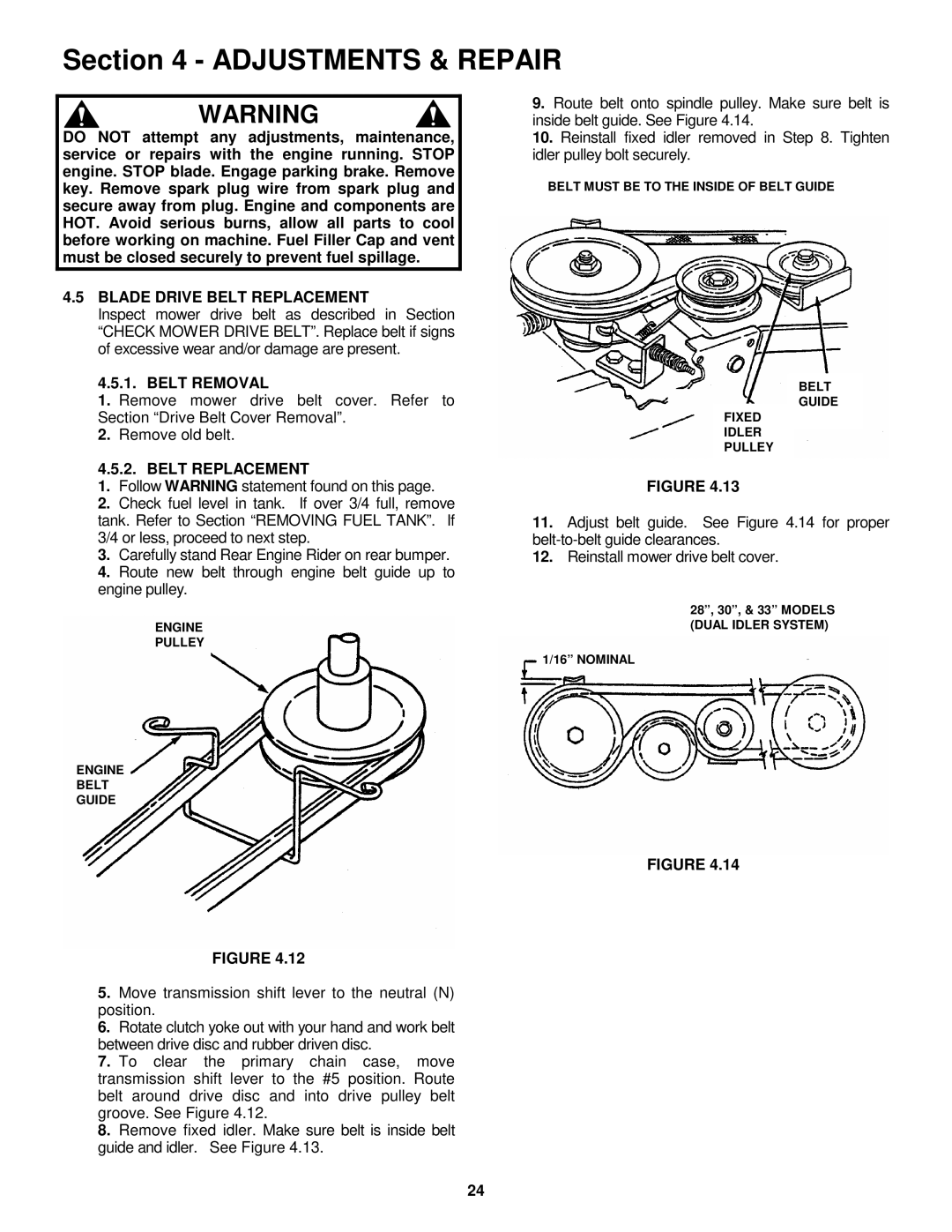 Snapper E281318BE, E331518KVE important safety instructions Blade Drive Belt Replacement, Belt Removal 