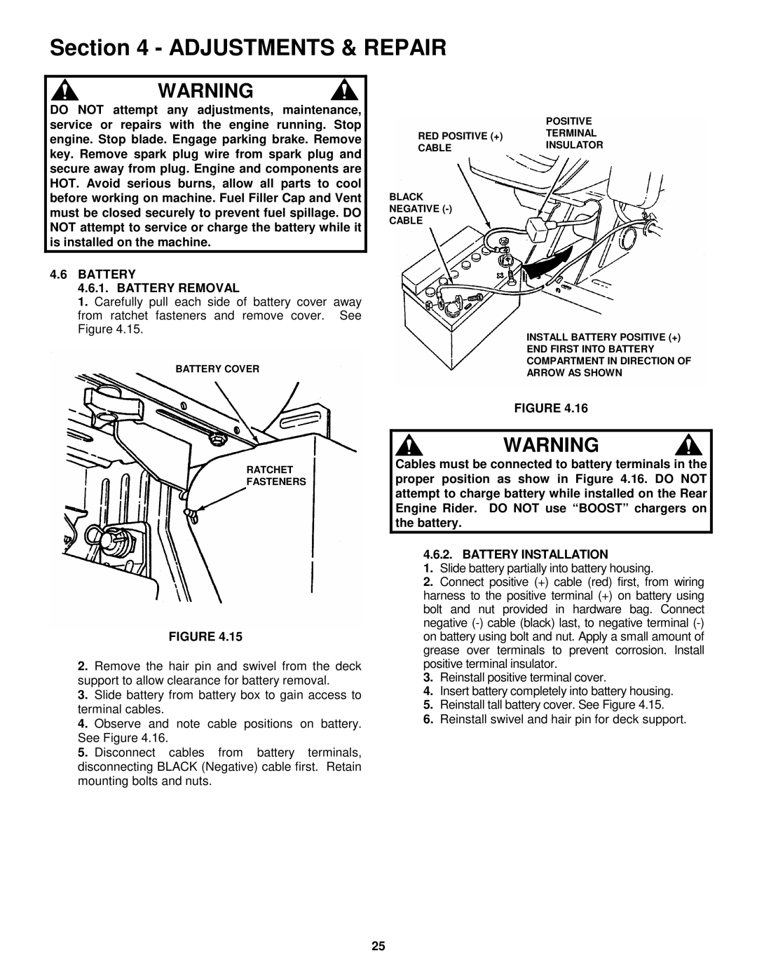 Snapper E281318BE, E331518KVE important safety instructions Battery Battery Removal, Battery Installation 