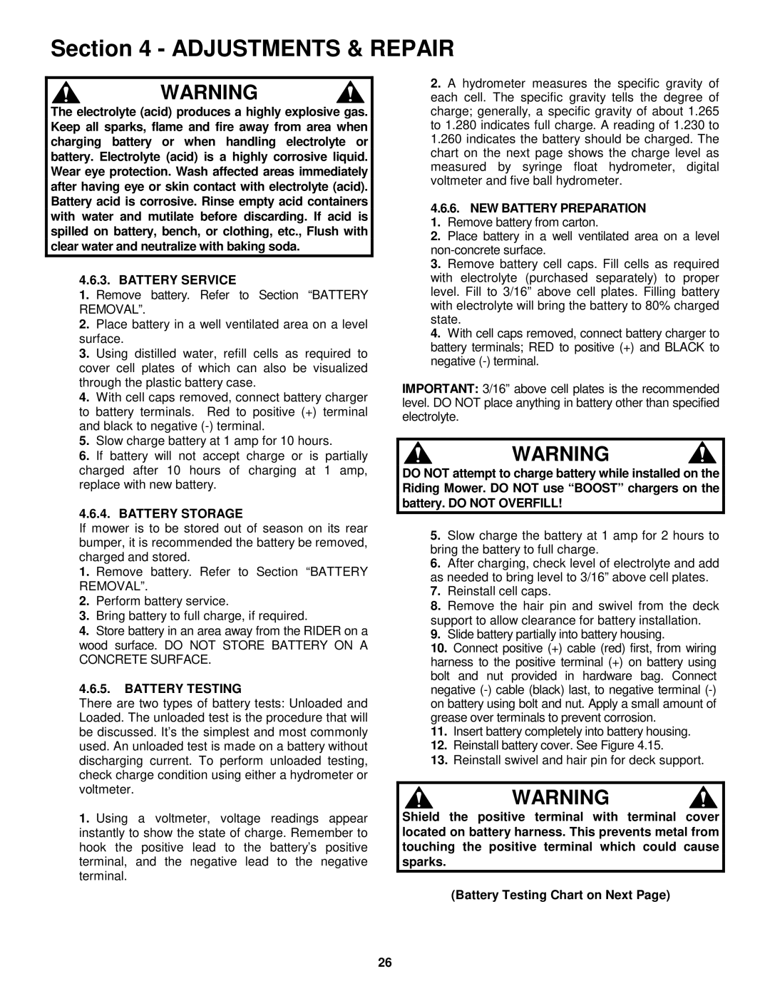 Snapper E281318BE, E331518KVE important safety instructions Battery Service, Battery Storage, Battery Testing 