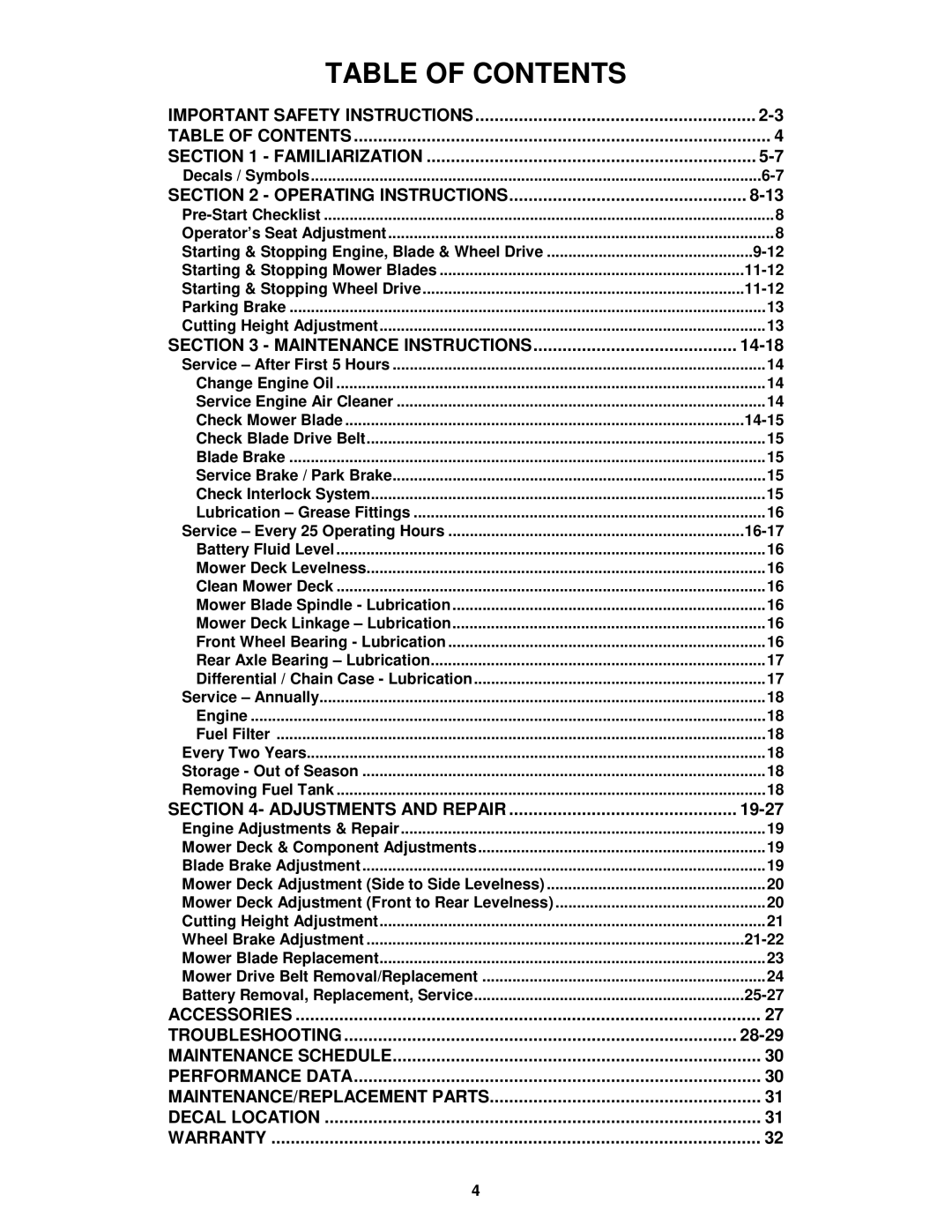 Snapper E281318BE, E331518KVE important safety instructions Table of Contents 