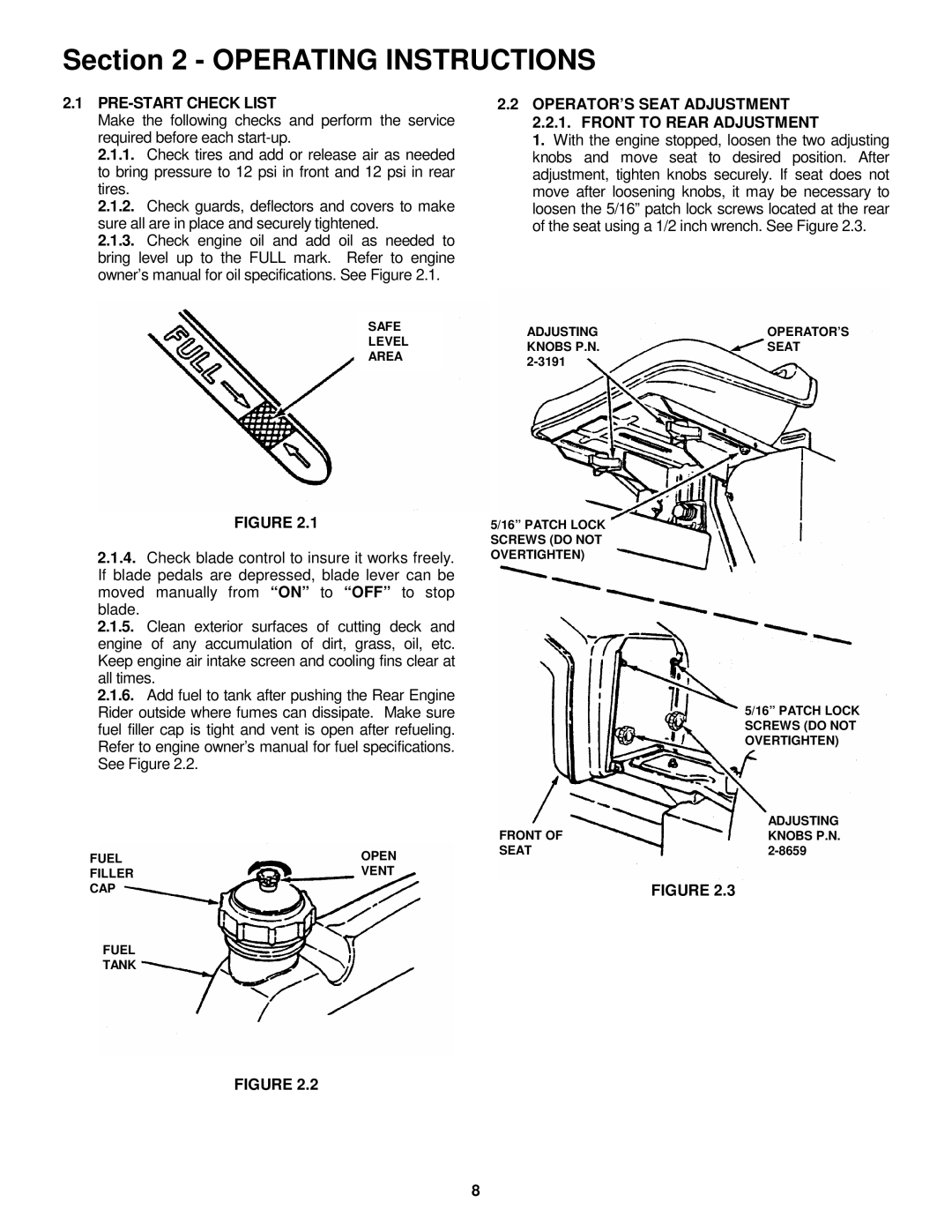 Snapper E281318BE, E331518KVE PRE-START Check List, OPERATOR’S Seat Adjustment 2.2.1. Front to Rear Adjustment 