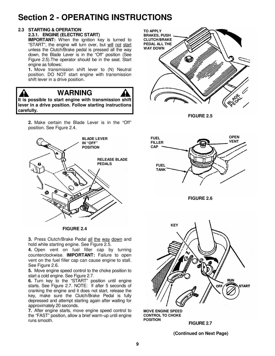 Snapper E281318BE, E331518KVE important safety instructions Starting & Operation Engine Electric Start, On Next 