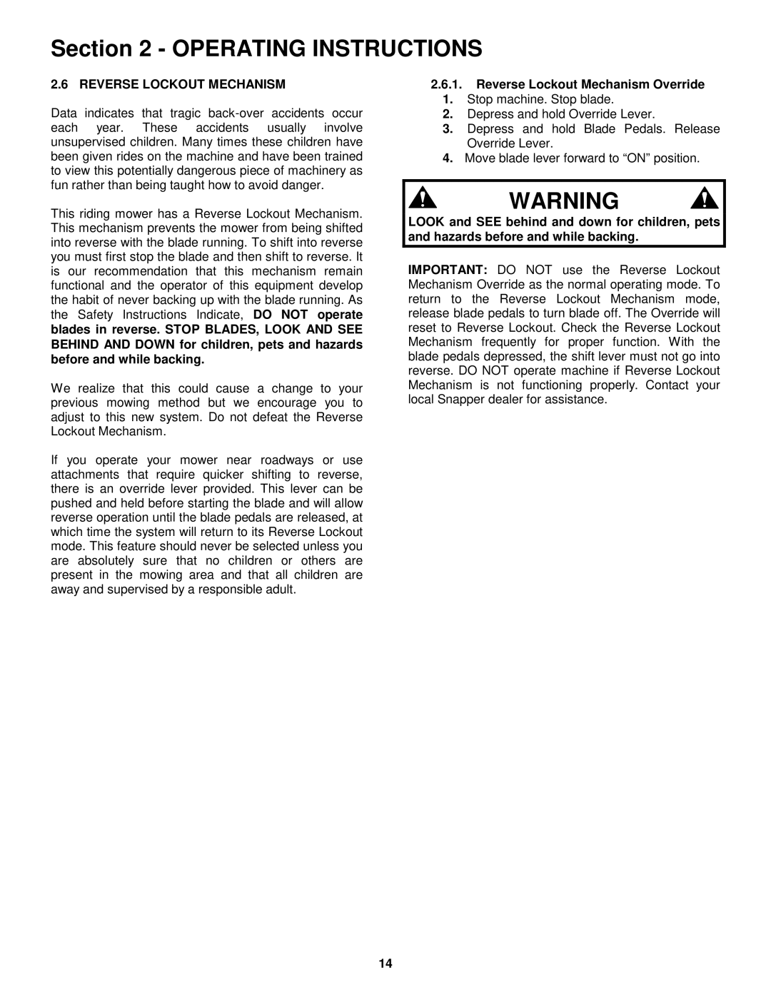 Snapper E281320BE, E331520KVE important safety instructions Reverse Lockout Mechanism Override 