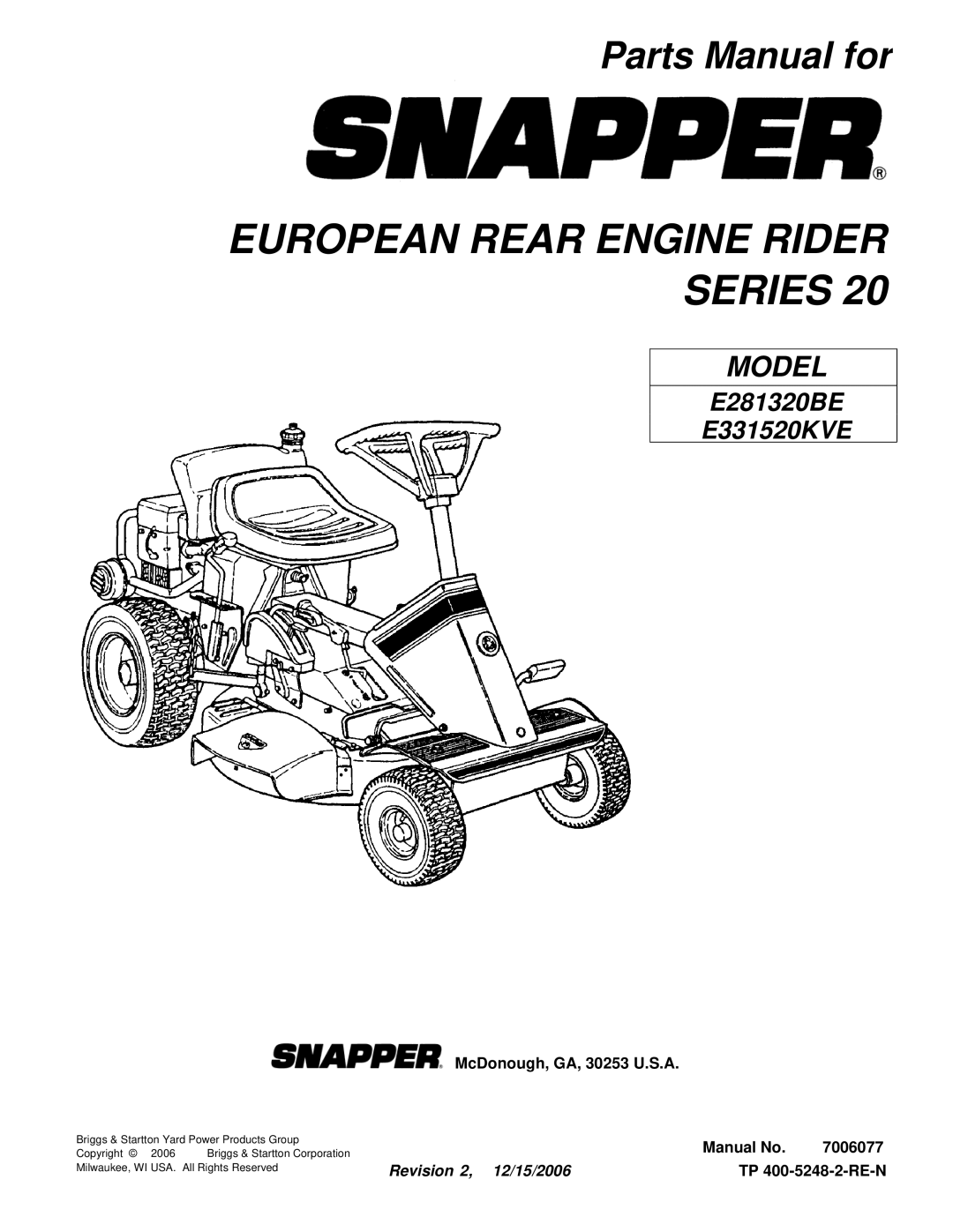 Snapper E331520KVE, E281320BE manual European Rear Engine Rider Series 