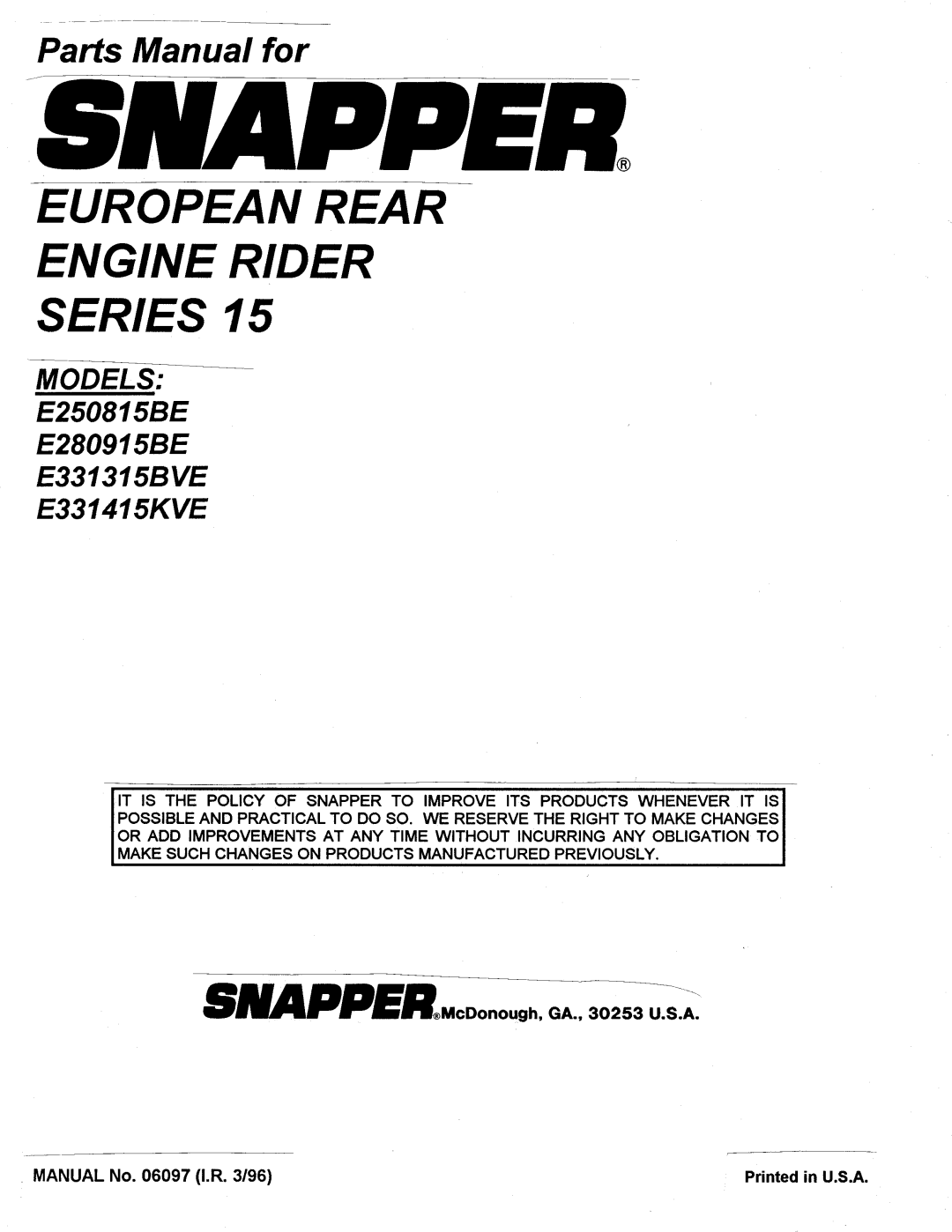 Snapper E331315BVE manual 