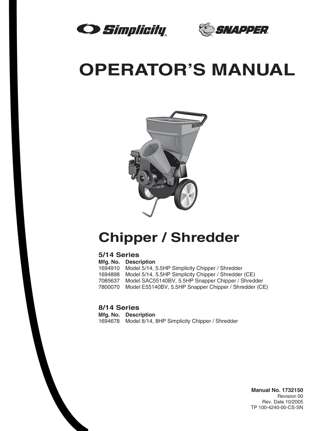 Snapper E55140BV manual Series, Mfg. No Description, Mfg. No. Description, Manual No 