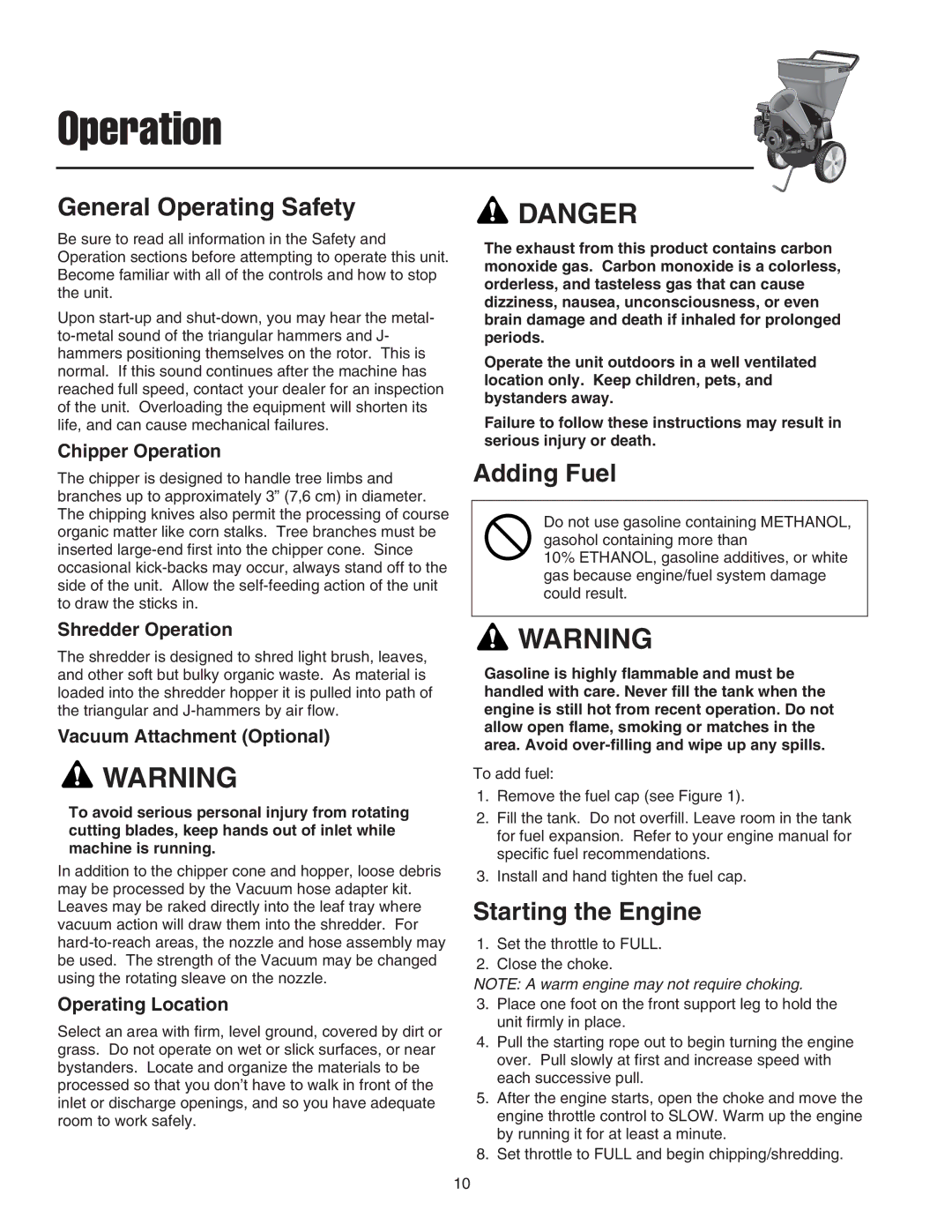 Snapper E55140BV manual Operation, General Operating Safety, Adding Fuel, Starting the Engine 