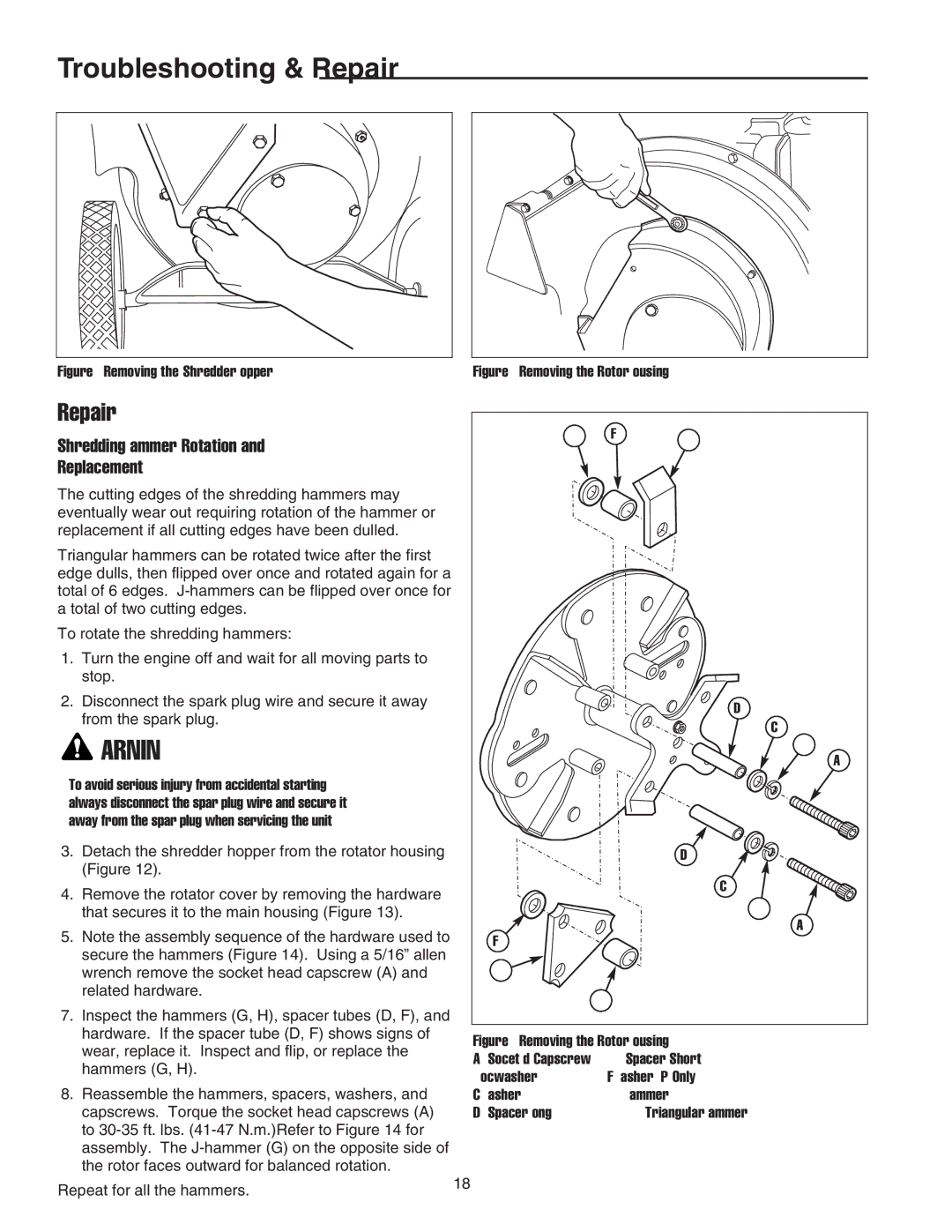 Snapper E55140BV manual Troubleshooting & Repair, Shredding Hammer Rotation Replacement 