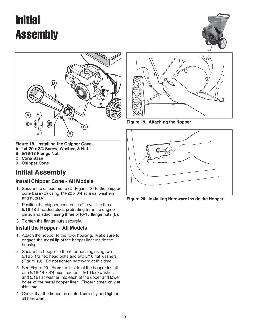 Snapper E55140BV manual Initial Assembly, Install Chipper Cone All Models, Install the Hopper All Models 