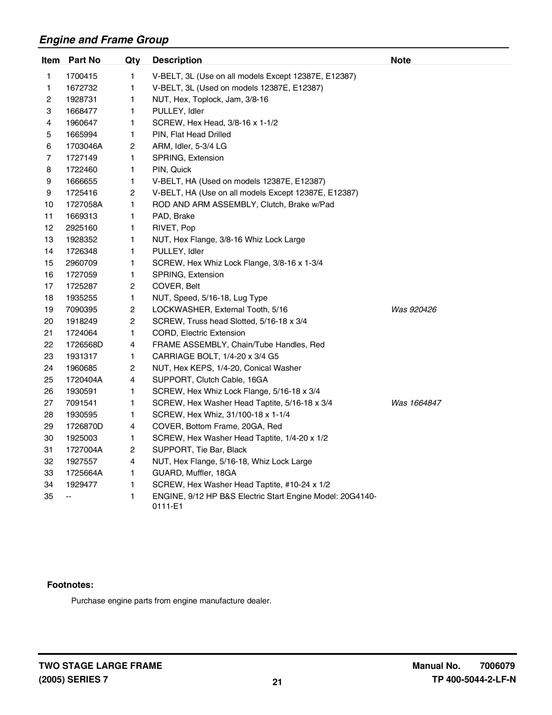 Snapper 12387E, E9247, E10287, 9247E, E11327, E12387, 11327E, 10287E manual Purchase engine parts from engine manufacture dealer 