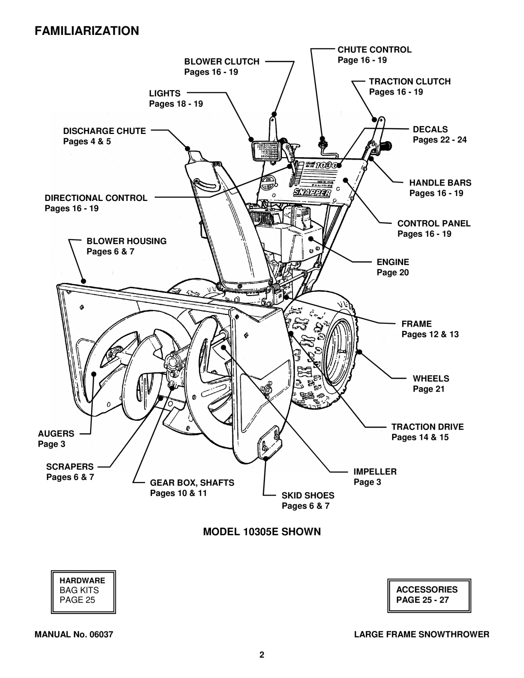 Snapper E10305E, E9265, 8245, E8265, E11305 manual Familiarization, Model 10305E Shown 