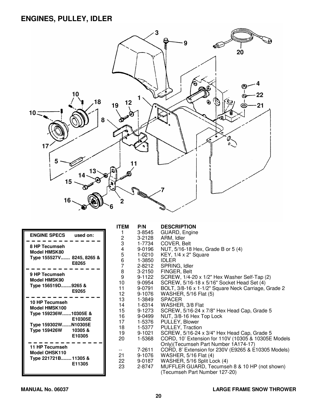 Snapper E9265, 8245, E10305E, E8265, E11305 manual ENGINES, PULLEY, Idler 