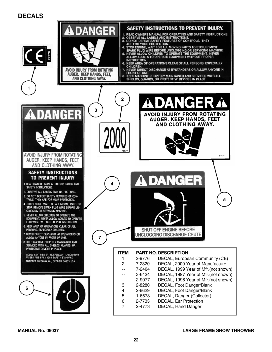 Snapper E9265, 8245, E10305E, E8265, E11305 manual Decals, Part NO. Description 