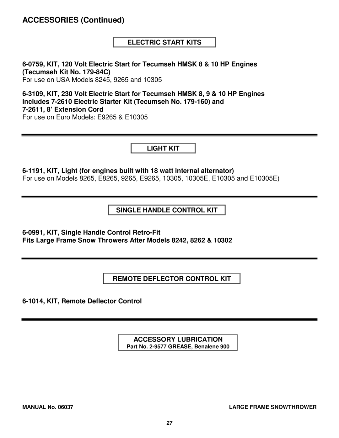 Snapper E9265, 8245, E10305E, E8265, E11305 manual Remote Deflector Control KIT 