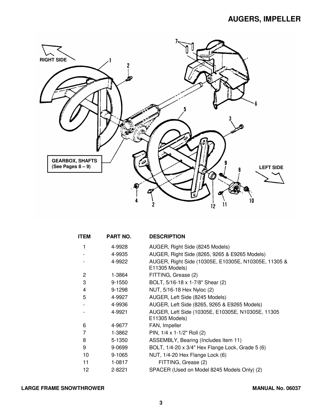 Snapper E9265, 8245, E10305E, E8265, E11305 manual AUGERS, Impeller, Description 