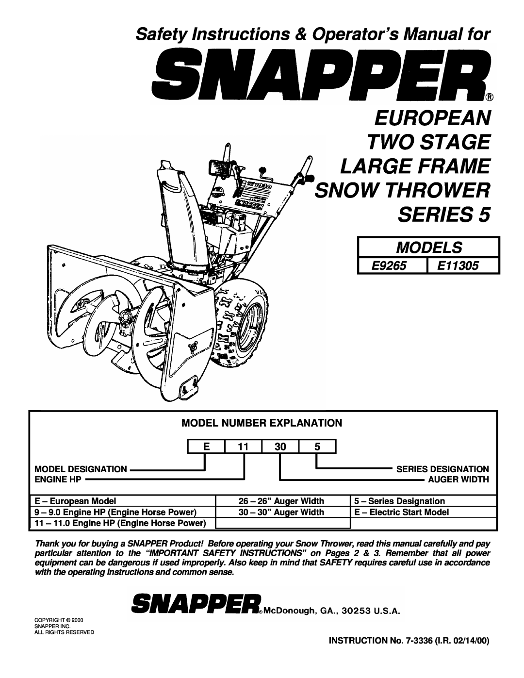 Snapper E11305 important safety instructions Safety Instructions & Operator’s Manual for, Models, Series, E9265 
