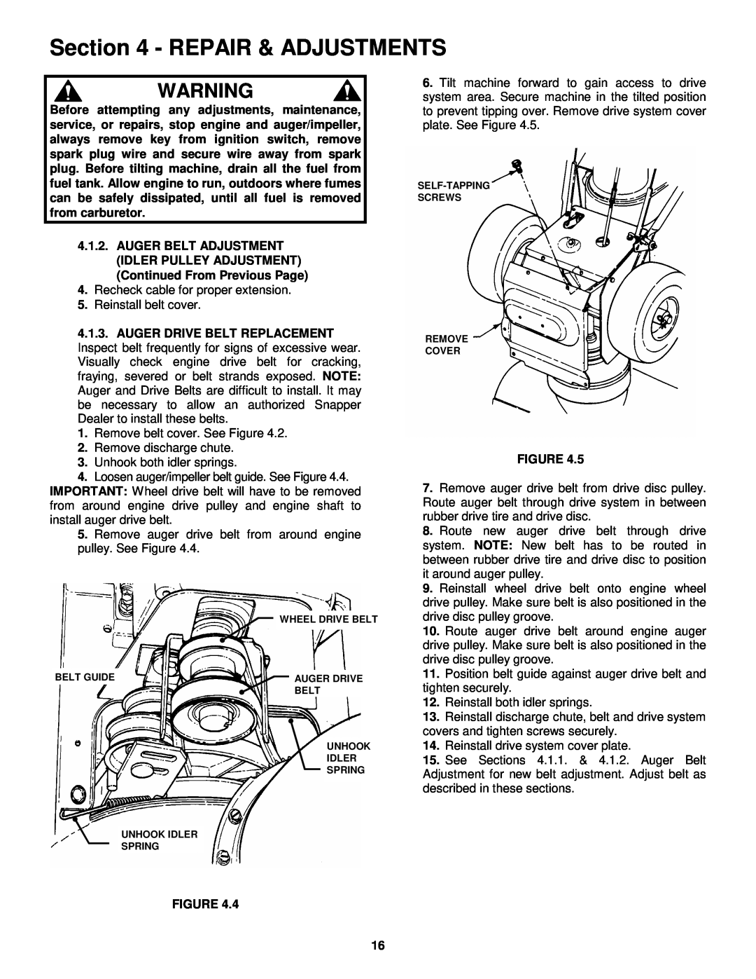 Snapper E9265, E11305 important safety instructions Repair & Adjustments 